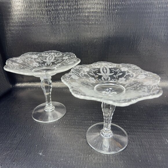 New Martinsville Viking Clear Footed Compote Etched Votives Manganese 365nm Set2 - Picture 14 of 15